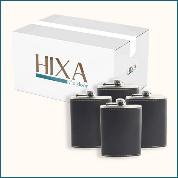 HIXA Heupfles - 4 Stuks - Flacon - Veldfles - Platvink - 200 ml - PU Leder - Zwart