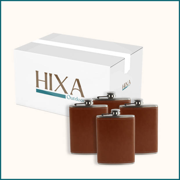 HIXA Heupfles - 4 Stuks - Flacon - Veldfles - Platvink - 200 ml - PU Leder - Bruin