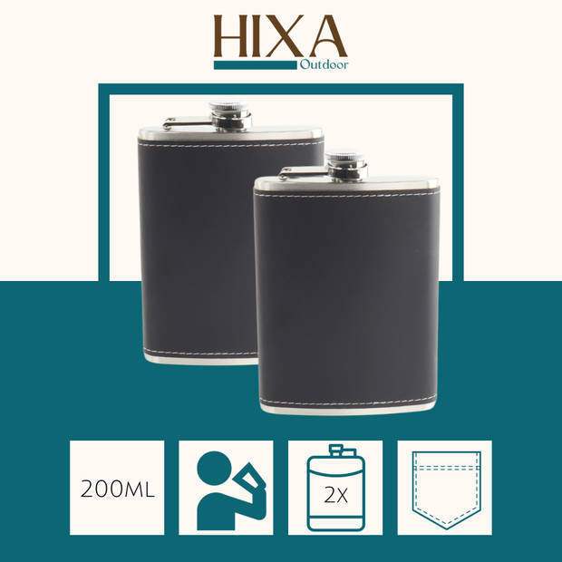 HIXA Heupfles - 2 Stuks - Flacon - Veldfles - Platvink - 200 ml - PU Leder - Zwart