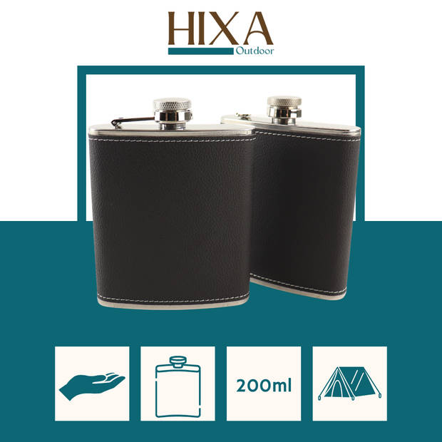 HIXA Heupfles - 2 Stuks - Flacon - Veldfles - RVS - Drinkfles - Platvink - 200ml - Leder - Zwart