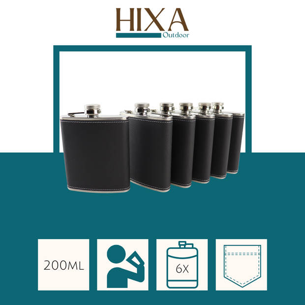 HIXA Heupfles - 6 Stuks - Flacon - Veldfles - RVS - Drinkfles - Platvink - 200ml - Leder - Zwart