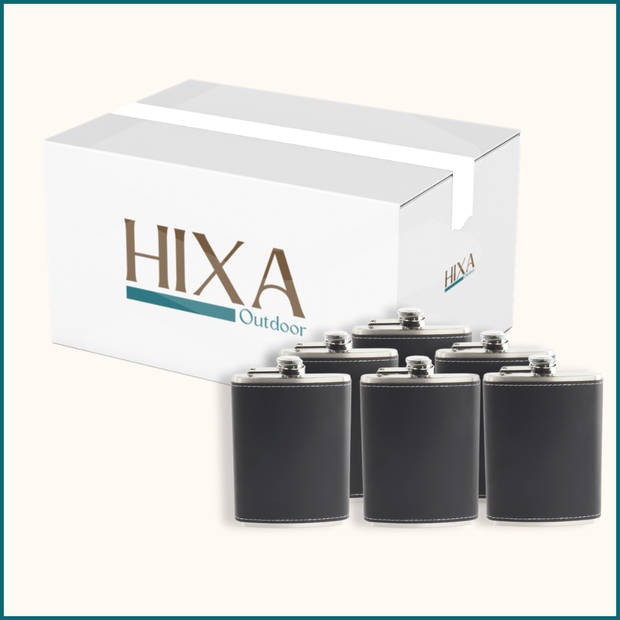 HIXA Heupfles - 6 Stuks - Flacon - Veldfles - Platvink - 200 ml - PU Leder Zwart