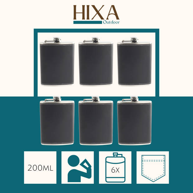 HIXA Heupfles - 6 Stuks - Flacon - Veldfles - Platvink - 200 ml - PU Leder Zwart