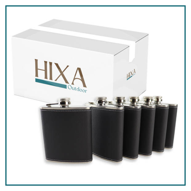 HIXA Heupfles - 6 Stuks - Flacon - Veldfles - RVS - Drinkfles - Platvink - 200ml - Leder - Zwart