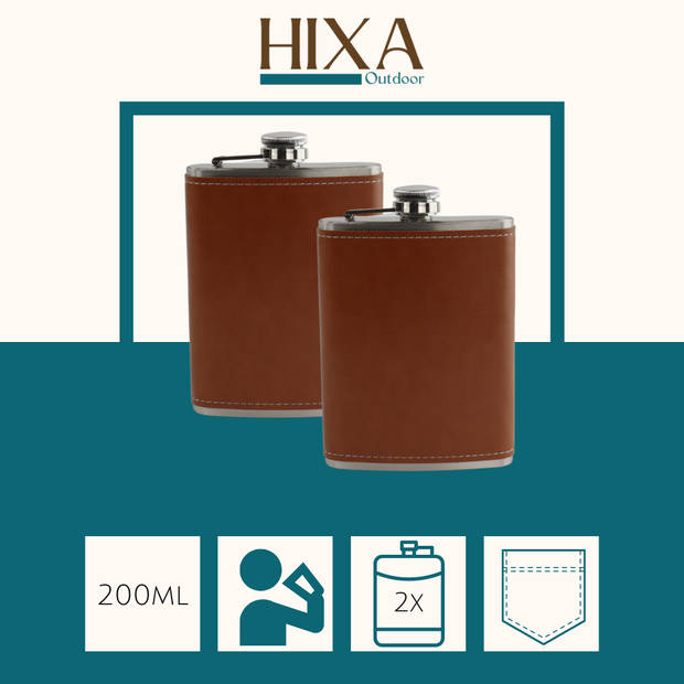 HIXA Heupfles - 2 Stuks - Flacon - Veldfles - Platvink - 200 ml - PU Leder - Bruin