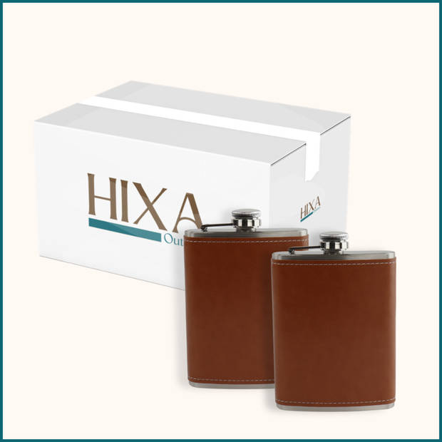 HIXA Heupfles - 2 Stuks - Flacon - Veldfles - Platvink - 200 ml - PU Leder - Bruin