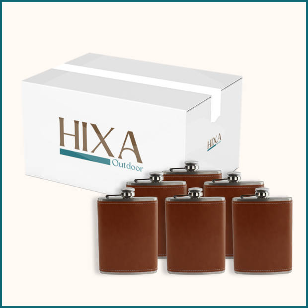 HIXA Heupfles - 6 Stuks - Flacon - Veldfles - Platvink - 200 ml - PU Leder - Bruin