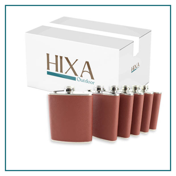 HIXA Heupfles - 6 Stuks - Flacon - Veldfles - RVS - Drinkfles - Platvink - 200ml - Leder - Bruin