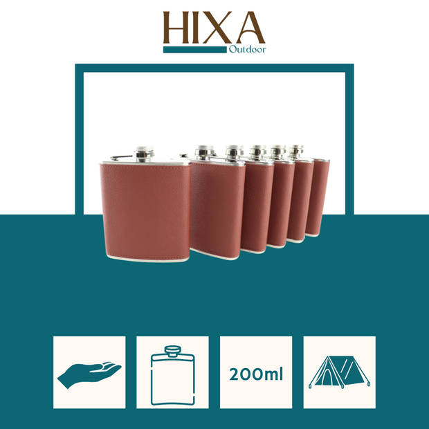 HIXA Heupfles - 6 Stuks - Flacon - Veldfles - RVS - Drinkfles - Platvink - 200ml - Leder - Bruin