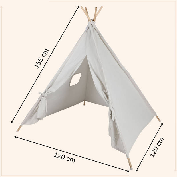 MISOU Tipi Tent - Kinder Speeltent - Jongens Meisjes - 120x120x150cm - Beige - Hout Katoen