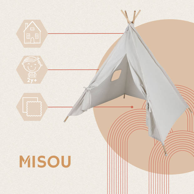 MISOU Tipi Tent - Kinder Speeltent - Jongens Meisjes - 120x120x150cm - Beige - Hout Katoen