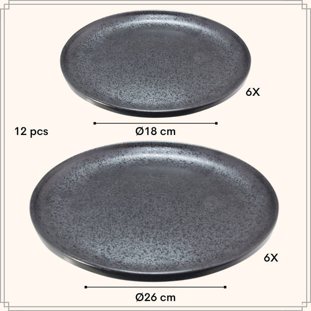 OTIX Dinerborden - Ontbijtborden - Bordenset - 6 persoons - 12-delig - Zwart - Aardewerk - 26cm - 18cm HOLLY