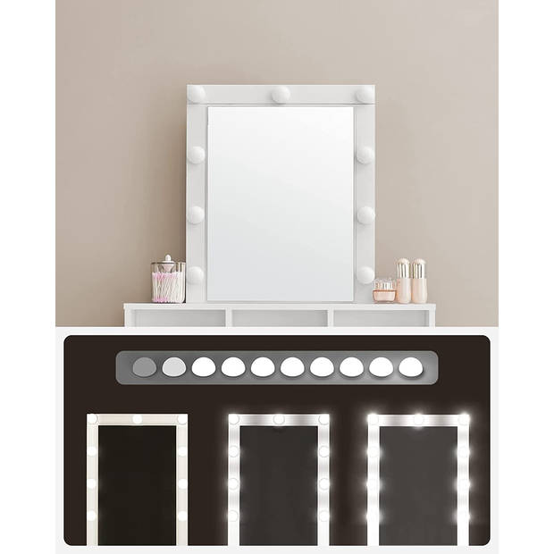 Moderne Witte Make-up tafel met Instelbare LED Verlichting - Kaptafel met Spiegel, 2 Laden en Aanpasbare Planken -