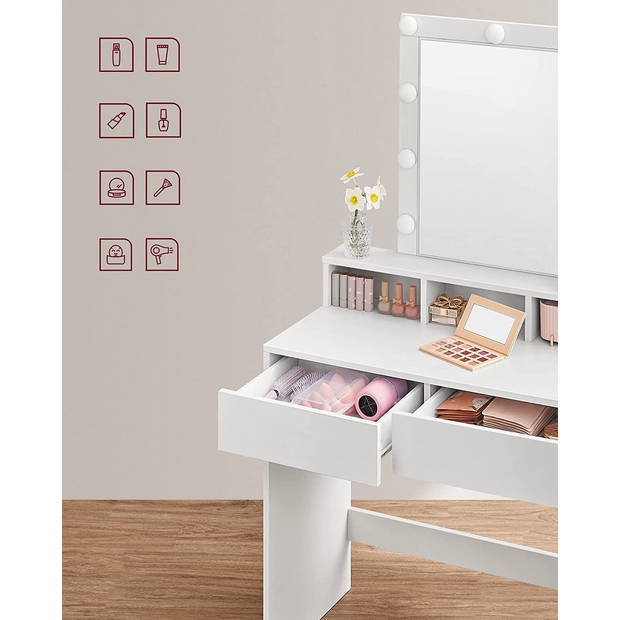 Moderne Witte Make-up tafel met Instelbare LED Verlichting - Kaptafel met Spiegel, 2 Laden en Aanpasbare Planken -