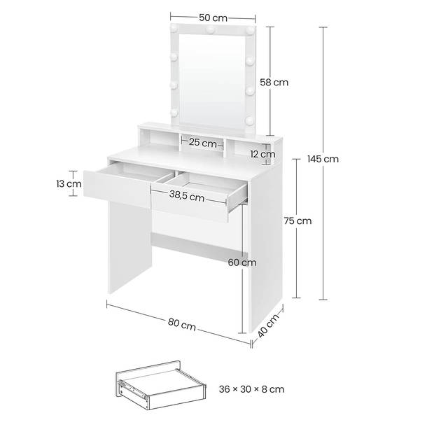 Moderne Witte Make-up tafel met Instelbare LED Verlichting - Kaptafel met Spiegel, 2 Laden en Aanpasbare Planken -