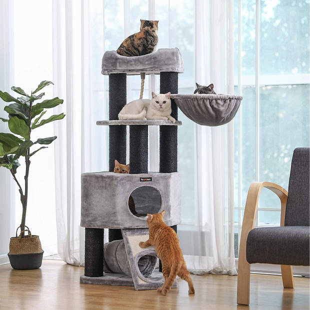 Bobbel Home - Stabiele Krabpaal - Uitkijkplatform - Kattentoren - Mand - Grot - Pluche - Grijs & Zwart