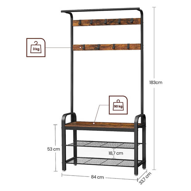 Bobbel Home - Kapstok - Met schoenenrek - Metalen frame - Vintage - Bruin & Zwart