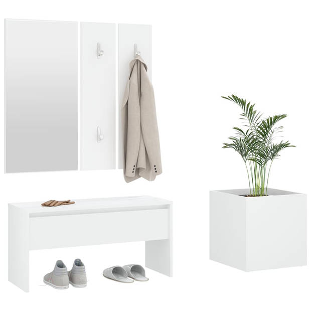 The Living Store Hallway Set White Wood - 80 x 30.5 x 40 cm - Storage Bench with Mirror - Coat Hooks - and Plant Box