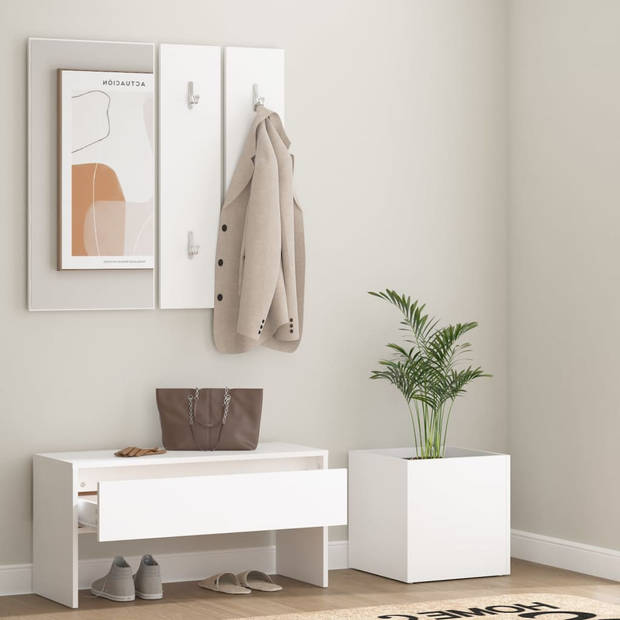 The Living Store Hallway Set White Wood - 80 x 30.5 x 40 cm - Storage Bench with Mirror - Coat Hooks - and Plant Box