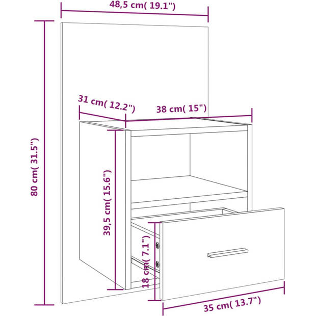 The Living Store Wandnachtkast - Bruineiken - 48.5 x 32.5 x 80 cm - Multifunctioneel en eenvoudig te reinigen - Montage