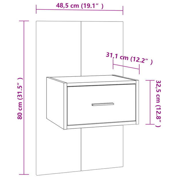 The Living Store Wandnachtkast - Sonoma Eiken - Wit - 48.5 x 32.5 x 80 cm - Wandmontage - Opberglade