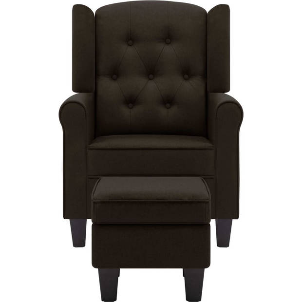 The Living Store Lounge fauteuil - Armstoel + Voetenbank - Donkerbruin stof - 68x78x94cm - Stabiel houten frame