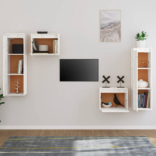 The Living Store Televisiemeubel Hangkast - 45x30x35 cm - 30x30x100 cm - Massief grenenhout - Wit