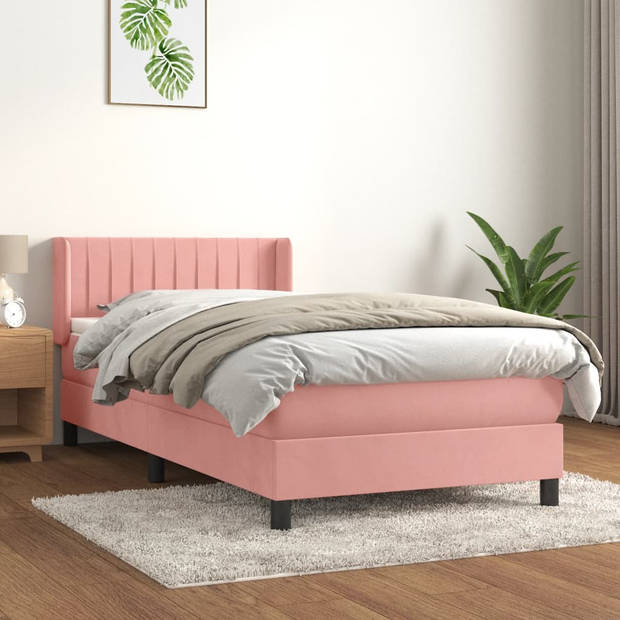 vidaXL Boxspring met matras fluweel roze 90x190 cm