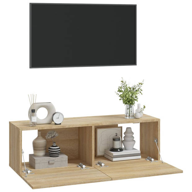 The Living Store Wandgemonteerd TV-meubel - Sonoma Eiken - Bewerkt Hout - 100 x 30 x 30 cm - Praktische Deuren