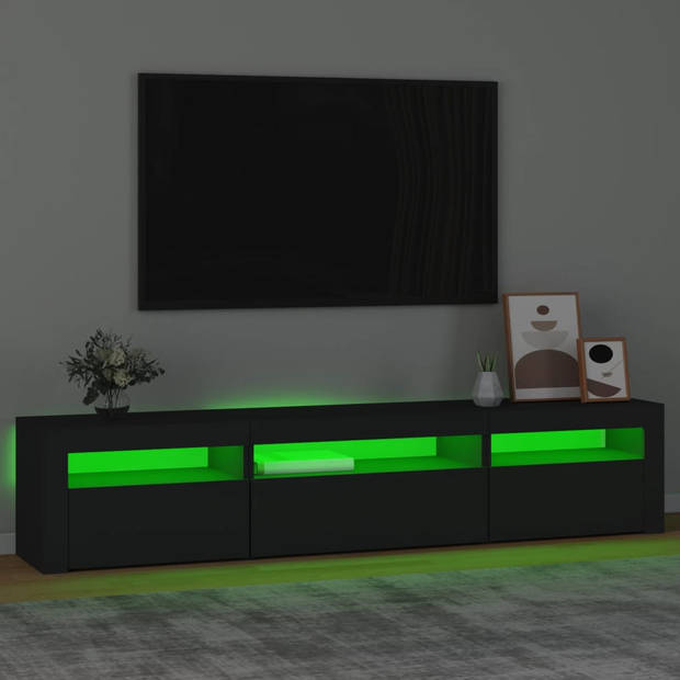 The Living Store tv-meubel - zwart - 195 x 35 x 40 cm - met RGB LED-verlichting - bewerkt hout