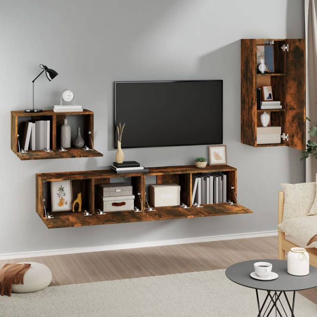 The Living Store Televisiemeubelset Gerookt Eiken - Twee 80x30x30cm - één 60x30x30cm en één 30.5x30x90cm meubel