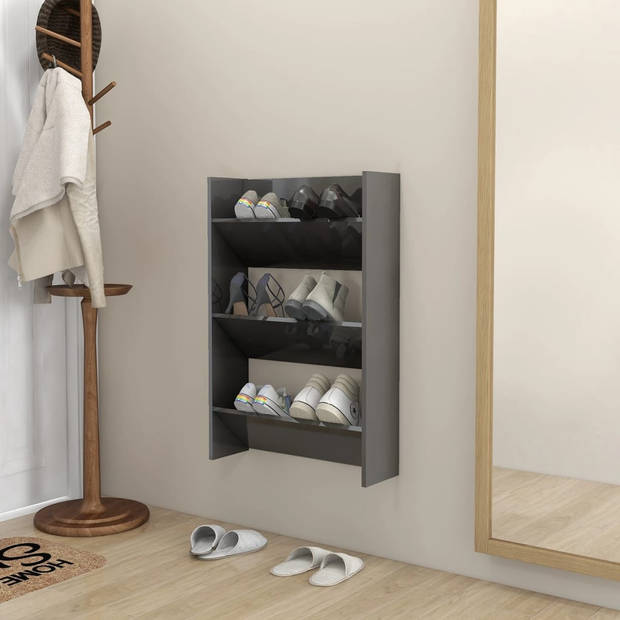 The Living Store Schoenenkast - Muurmontage - 60x18x90 cm - Hoogglans grijs