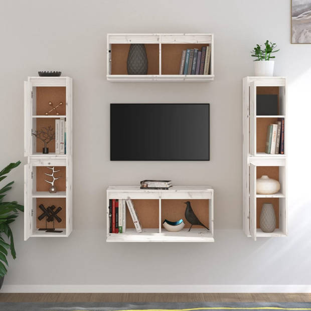 The Living Store Klassieke televisiekasten - Massief grenenhout - Praktisch design - Wandmeubelen - Wit - Montage