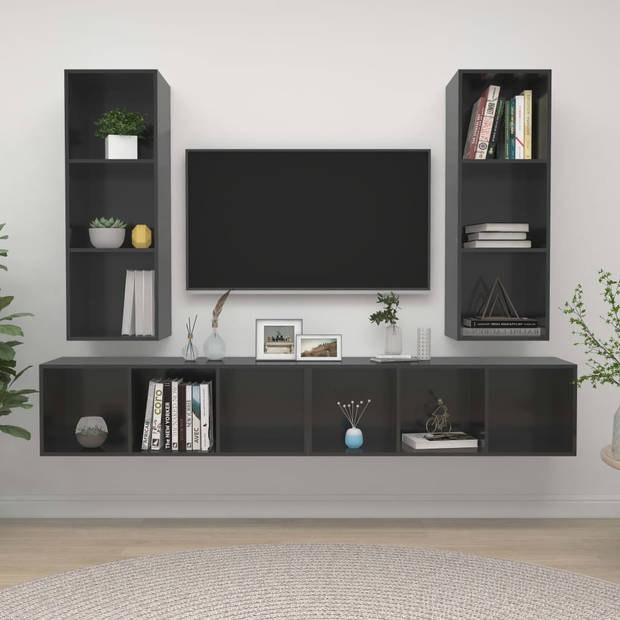 The Living Store TV-meubelset Hoogglans Grijs - Spaanplaat 37x37x107 cm - Montage vereist - 4 stuks