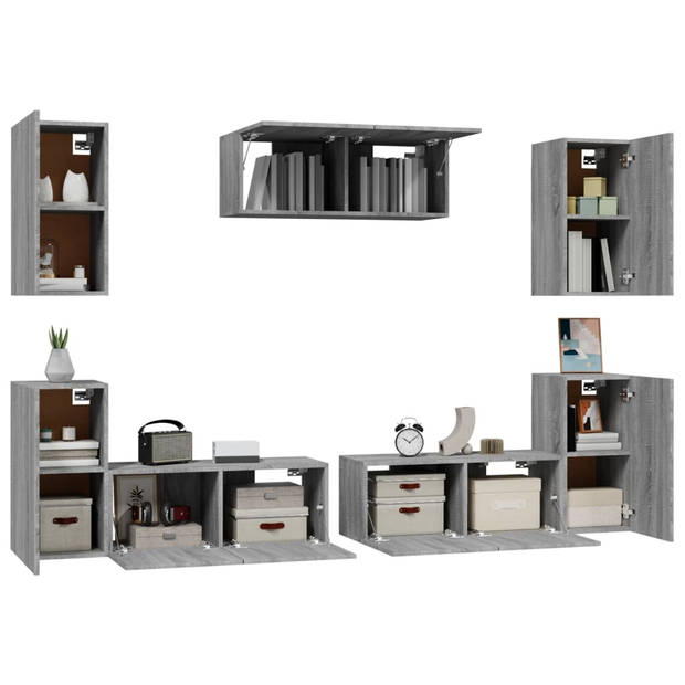 The Living Store Tv-meubel - Klassiek Grijs Sonoma Eiken - Wandgemonteerd - 7-delige set