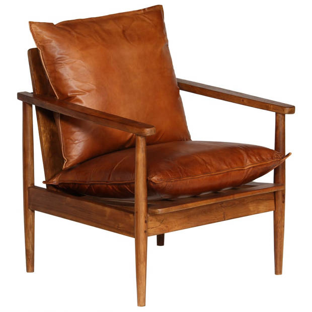 The Living Store Fauteuil - Armstoel - 66x69x74 cm - Acaciahout met sheesham-afwerking - Bruin leer