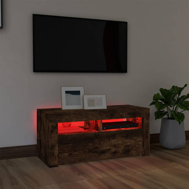 The Living Store TV-meubel Met LED-verlichting - Gerookt Eiken - 90 x 35 x 40 cm - Bewerkt Hout