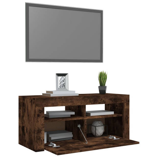 The Living Store TV-meubel Met LED-verlichting - Gerookt Eiken - 90 x 35 x 40 cm - Bewerkt Hout