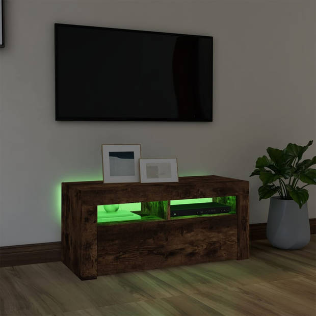 The Living Store TV-meubel Met LED-verlichting - Gerookt Eiken - 90 x 35 x 40 cm - Bewerkt Hout