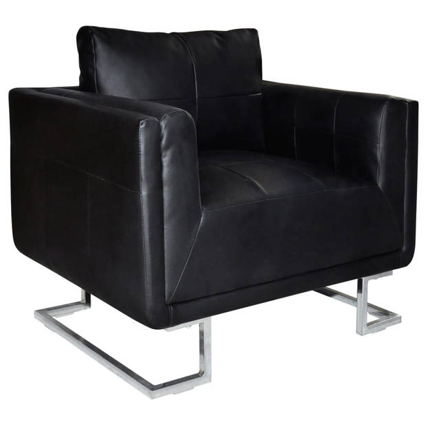 The Living Store Leren fauteuil - Zwart - 85.5 x 63 x 74 cm - Duurzaam solide houten - multiplex frame