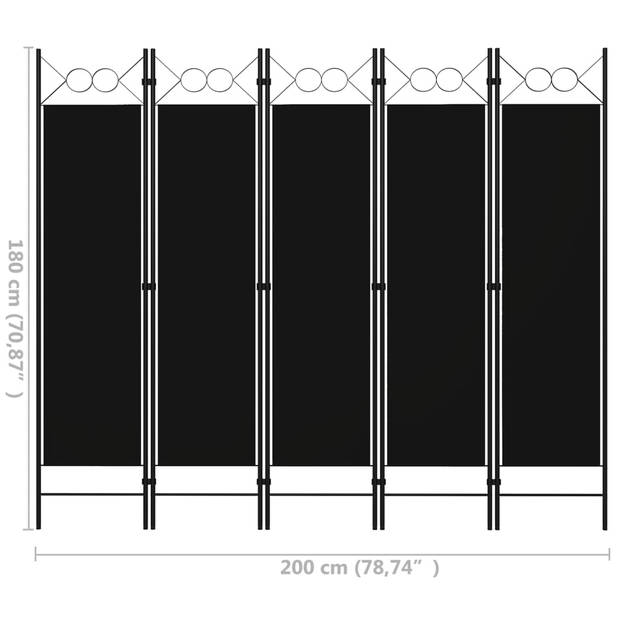 The Living Store Ruimteverdeler - Zwart - 200 x 180 cm - Stoffen scherm - Gepoedercoat ijzer - 5 panelen