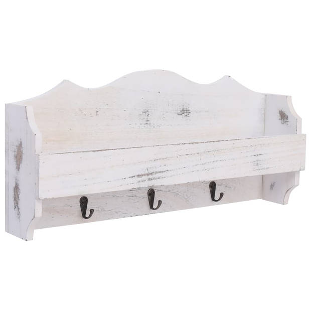 The Living Store Zwevende Houten Wandkapstok - Wit - 50x10x23 cm - Met Schap en 3 Haken