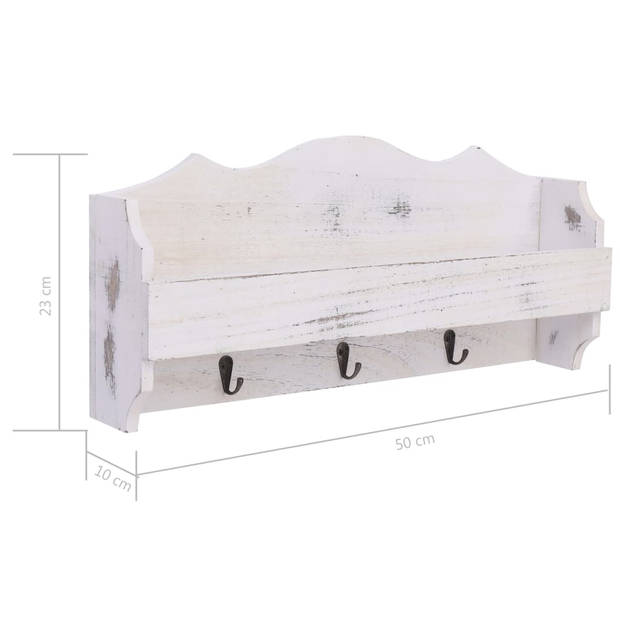 The Living Store Zwevende Houten Wandkapstok - Wit - 50x10x23 cm - Met Schap en 3 Haken