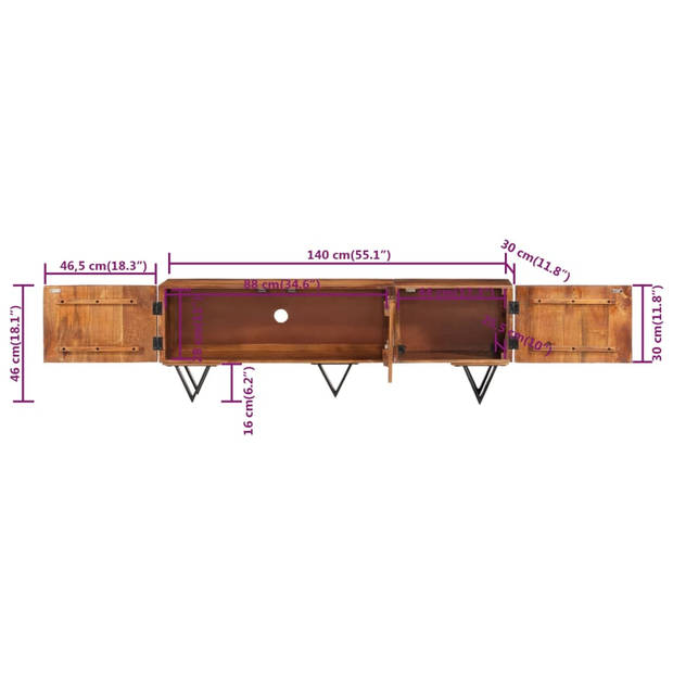 The Living Store Massief mangohouten TV-meubel - 140 x 30 x 46 cm - Met 3 deuren - V-vormige poten