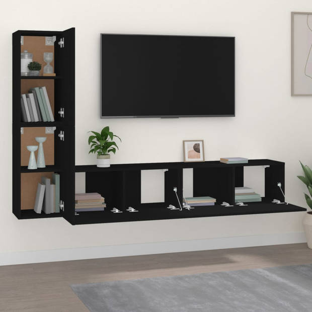 The Living Store TV-meubelset - Zwarte bewerkte houten televisiemeubels - 80 x 30 x 30 cm en 30.5 x 30 x 60 cm -