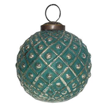 Clayre & Eef Kerstbal Ø 7 cm Groen Zilverkleurig Glas Kerstdecoratie Groen Kerstdecoratie