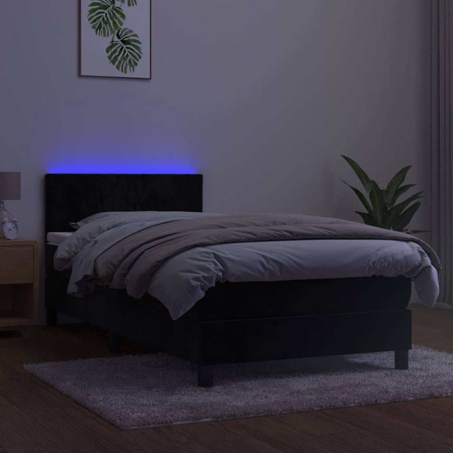 The Living Store Boxspring Bed - Zacht Fluweel - Verstelbaar Hoofdbord - LED-Verlichting - Pocketvering Matras - Huidvriendelijk Topmatras - Kleur- Zwart - - 203 x 90 x 78/88 cm