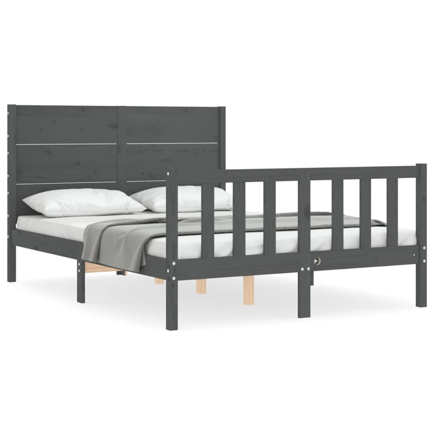 The Living Store Bedframe met hoofdbord massief hout grijs 140x190 cm - Bedframe - Bedframes - Bed - Tweepersoonsbed - Slaapkamermeubel - Houten Bedframe - Houten Bed - Bedbodem -