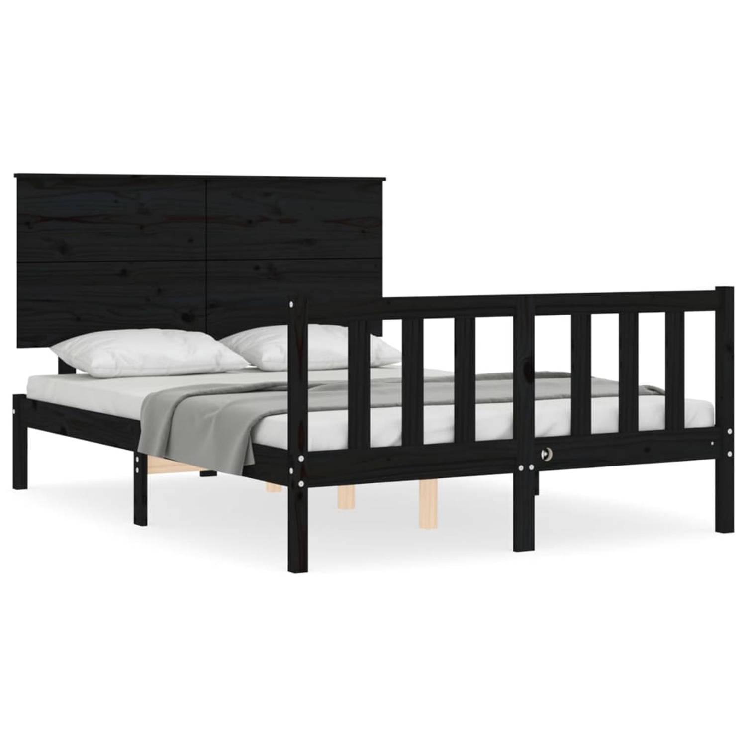 The Living Store Bedframe met hoofdbord massief hout zwart 140x200 cm - Bedframe - Bedframes - Bed - Tweepersoonsbed - Slaapkamermeubel - Houten Bedframe - Houten Bed - Bedbodem -