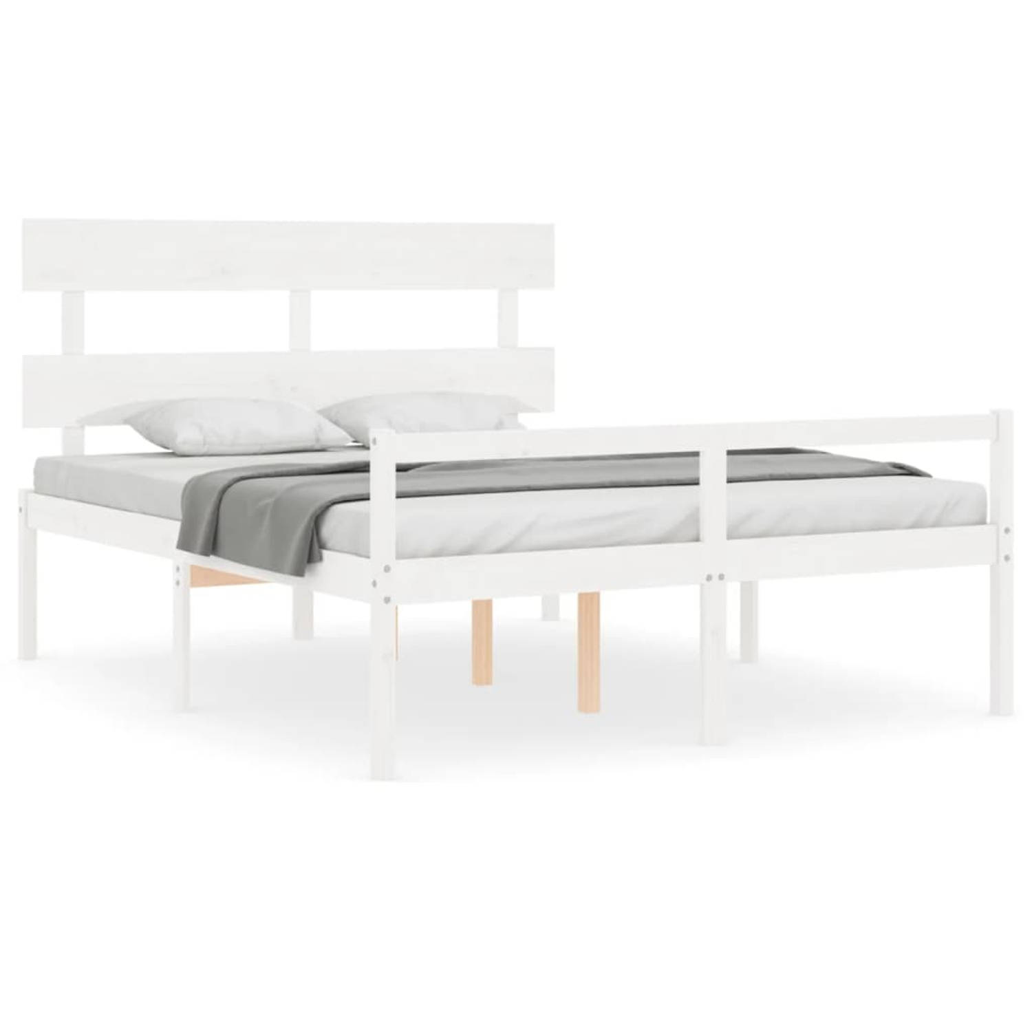 The Living Store Bedframe met hoofdbord massief hout wit 5 FT King - Bedframe - Bedframes - Bed - Tweepersoonsbed - Slaapkamermeubel - Houten Bedframe - Houten Bed - Bedbodem - Mas